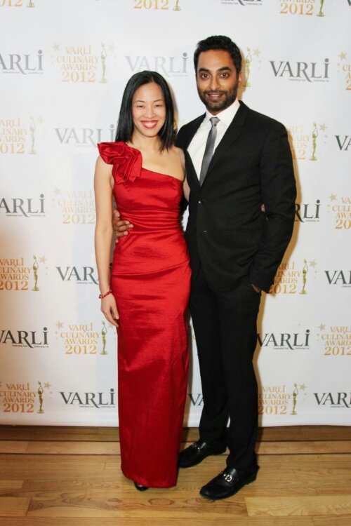 November 15, 2012: Actor Manu Narayan, co-host of the First Annual Varli Culinary Awards with actor/photographer Lia Chang, on the red carpet at The Altman Building in New York City. Photo by Michael Toolan