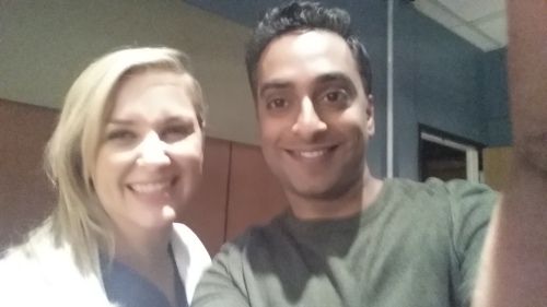 Jessica Capshaw (Dr. Arizona Robbins) and Manu Narayan (Eric Patel) on set at Grey's Anatomy